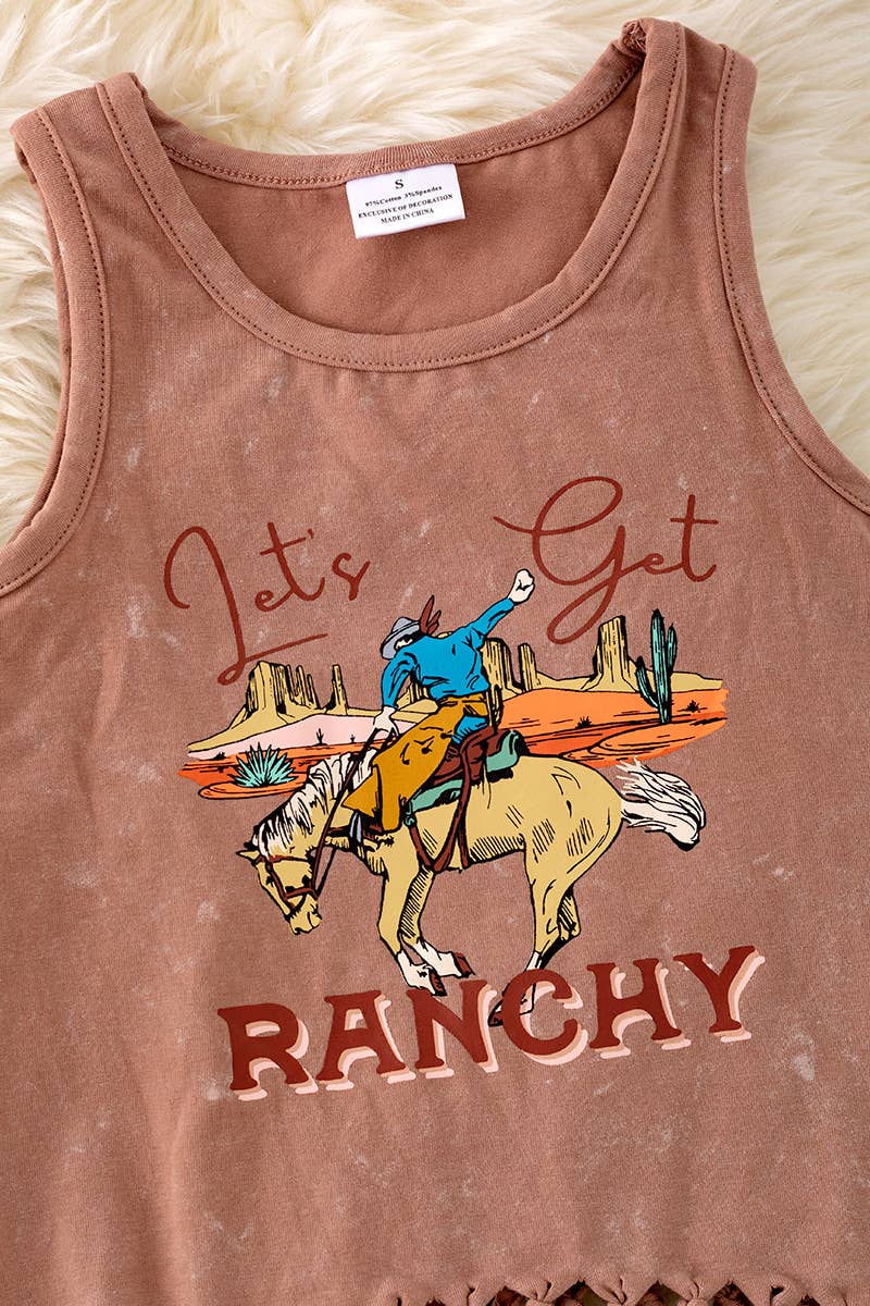 LET'S GET RANCHY" WASHED BROWN TANK TOP. TPG40430 AMY