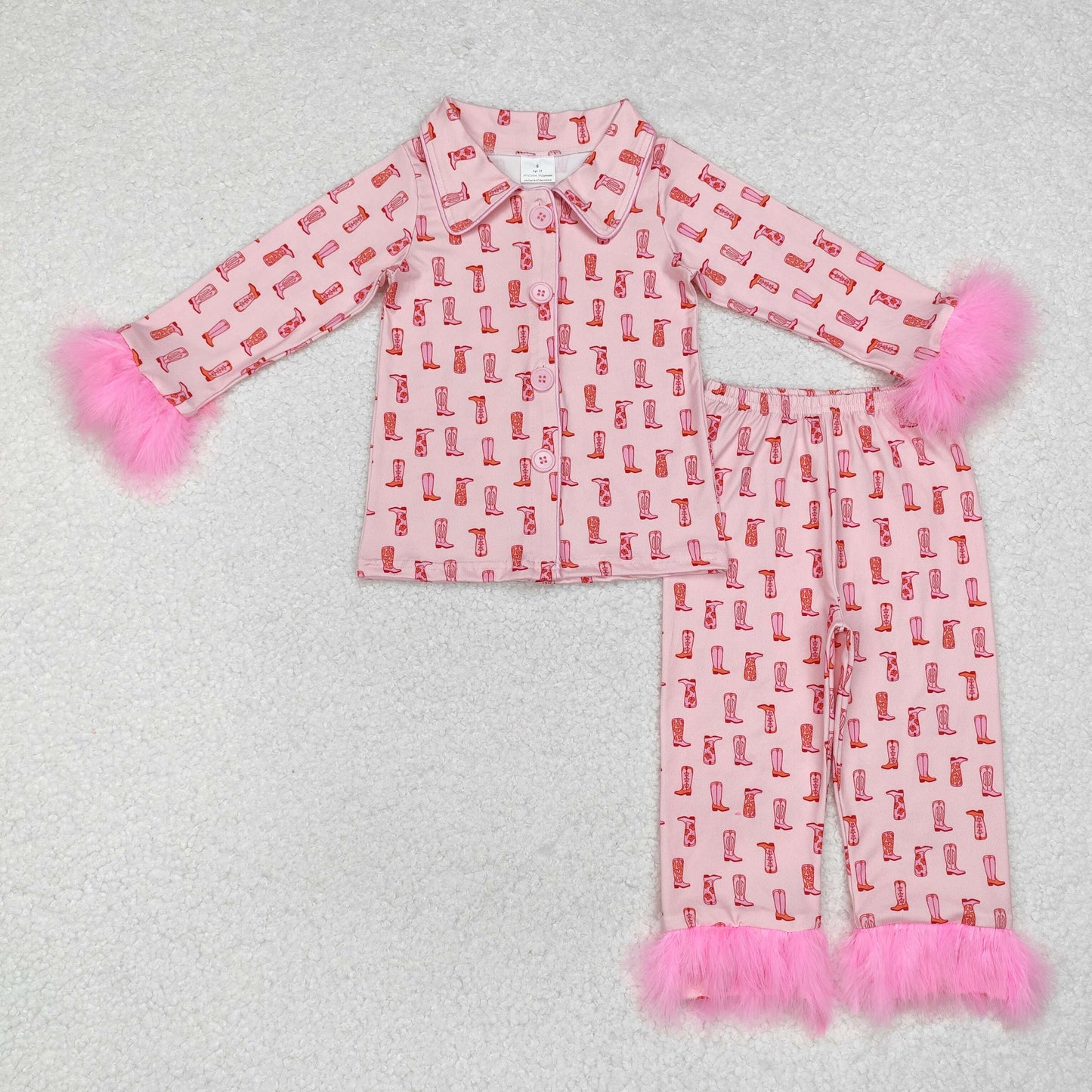 Baby Girls Western Pink Boots Fur Top Pants Pajamas Clothes Sets