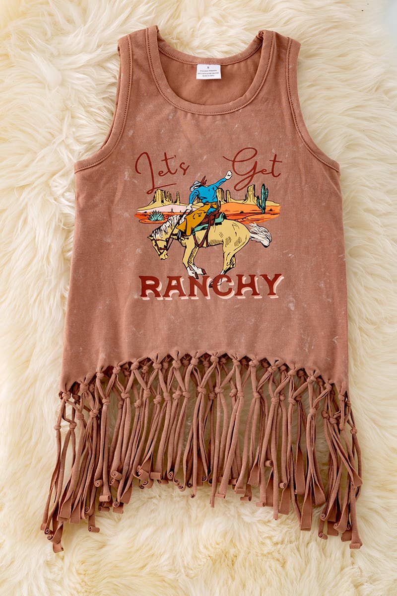 LET'S GET RANCHY" WASHED BROWN TANK TOP. TPG40430 AMY